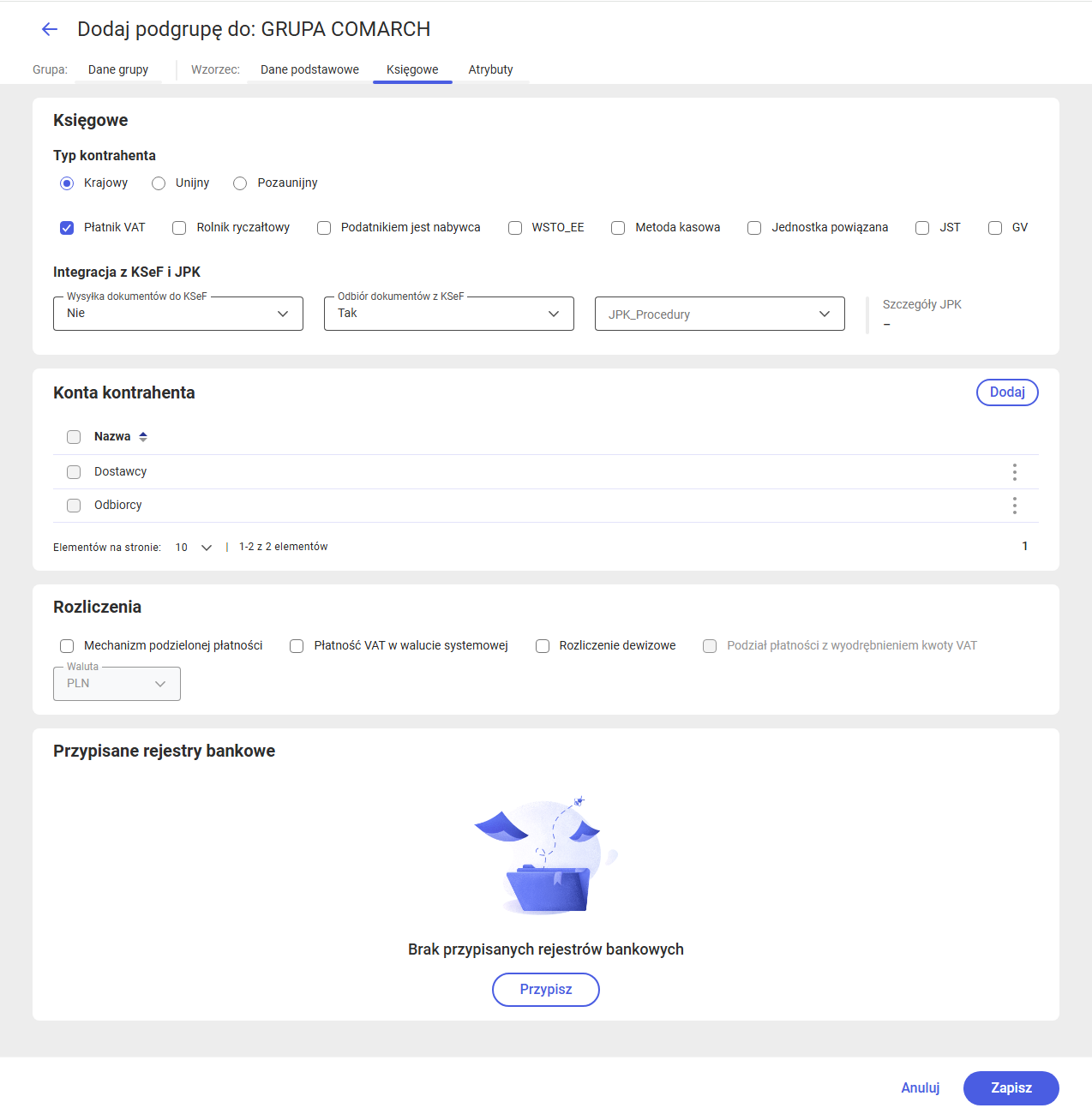 Dane księgowe wzorca grupy kontrahenta