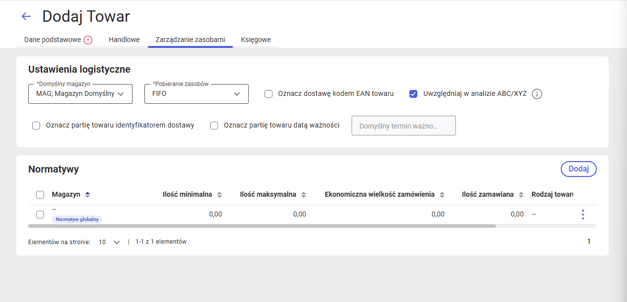 Parametry do zarządzania zasobami na karcie dodawanego towaru