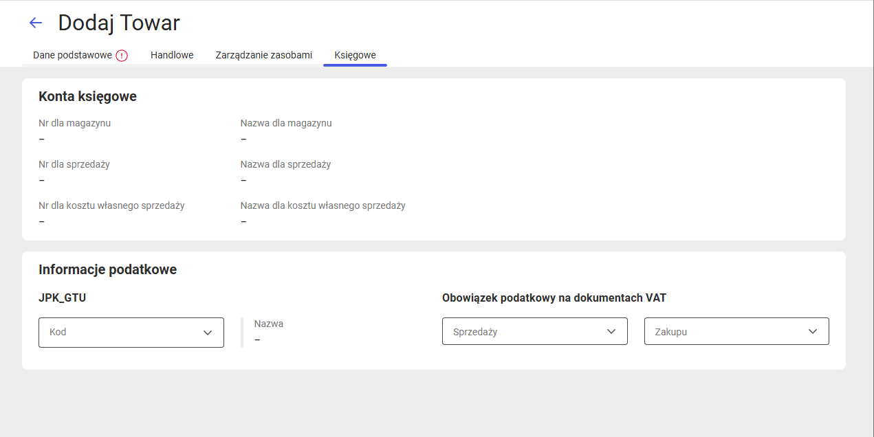 Parametry księgowe na karcie towaru