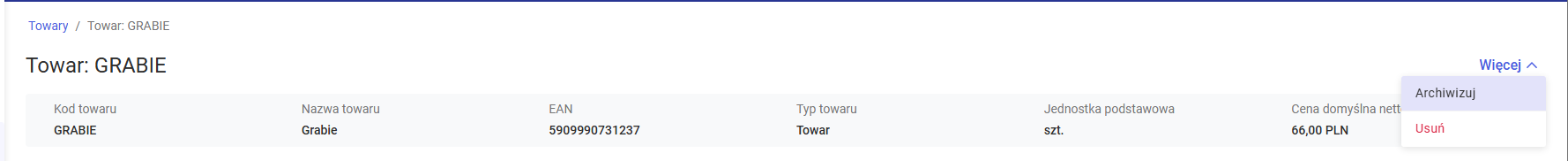 Nagłówek karty towaru w trybie podglądu