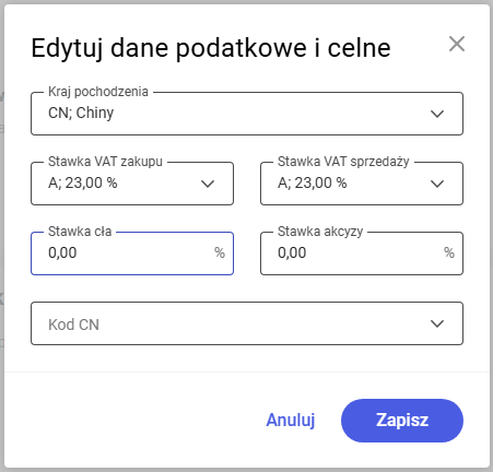Okno edycji danych podatkowych i celnych
