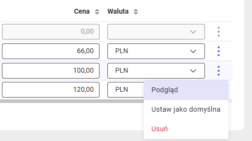 Menu kontekstowe ceny