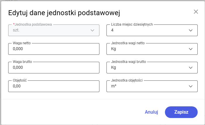 Okno edycji parametrów jednostki podstawowej