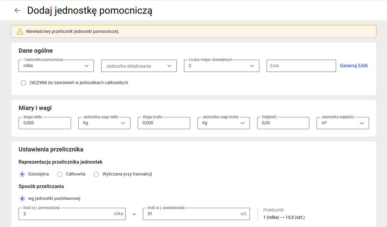 Przykładowe ostrzeżenie podczas dodawania jednostki pomocniczej