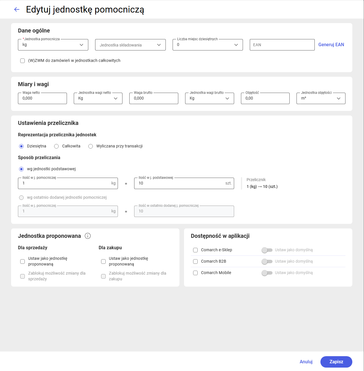 Okno edycji jednostki pomocniczej