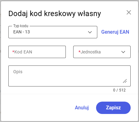 Okno dodawania kodu kreskowego własnego