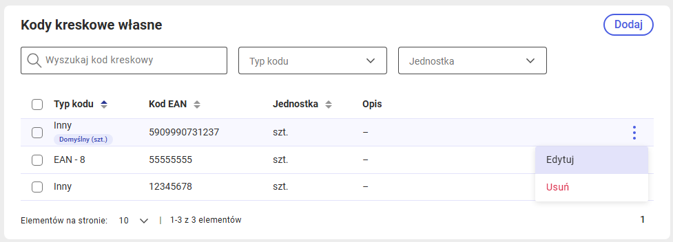 Menu kontekstowe dla kodu kreskowego