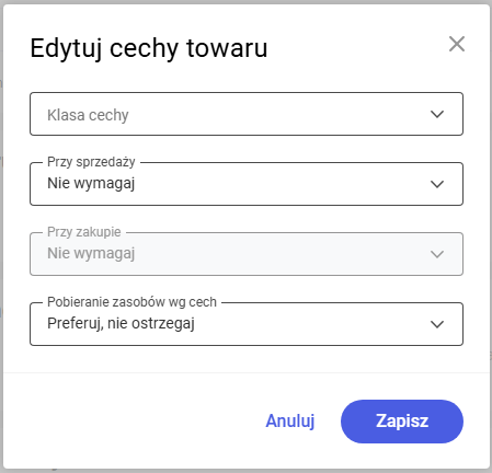 Okno edycji cechy towaru