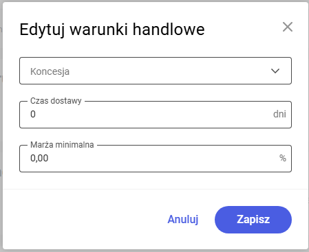 Okno edycji warunków handlowych