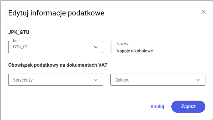 Okno edycji informacji podatkowych