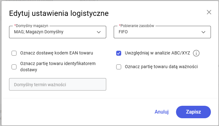 Okno edycji ustawień logistycznych