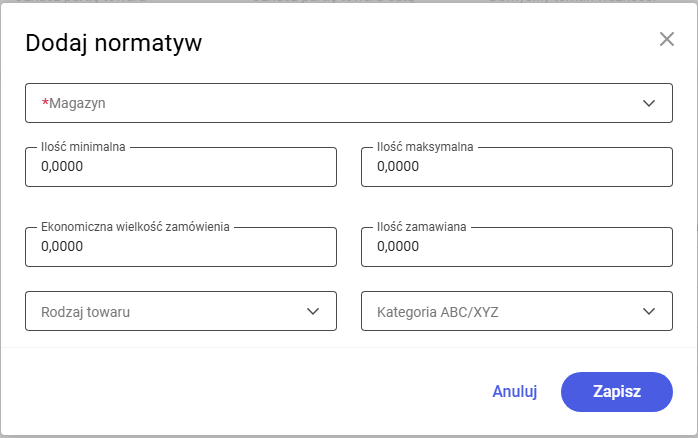 Okno dodawania normatywu