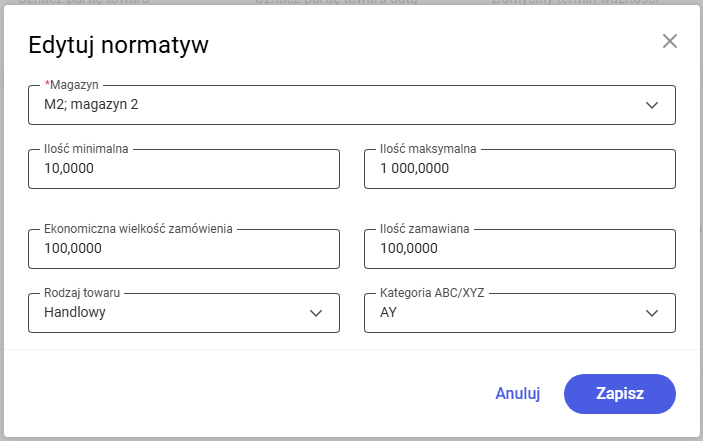 Okno edycji normatywu