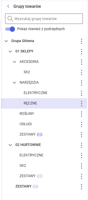 Panel z grupami towarów
