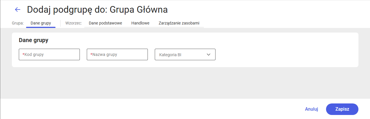 Okno dodawania podgrupy towarów